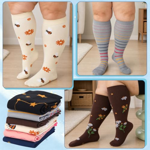 Jspupifip 6 Pairs Plus Size Compression Socks for Women, Wide Calf - color: Black Blue Pink Gray Beige Brown, size: XX-Large