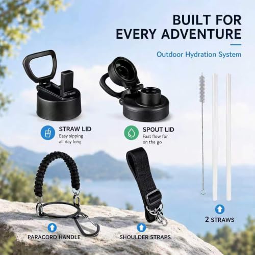 KXIAOCHEN Insulated Water Bottle with Strap, 48-Hour Cold, 2 Lids - color: Black, size: 32 Ounces
