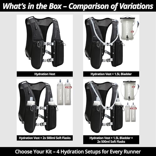 Running Hydration Vest for Women and Men. Reflective, 8 Pocket, Quick Dry, Water-Resistant, Breathable, Adjustable Backpack for Runs, Hiking, Cycling, Trails, Marathons - style: Black Vest + 2x 500ml Soft Flasks