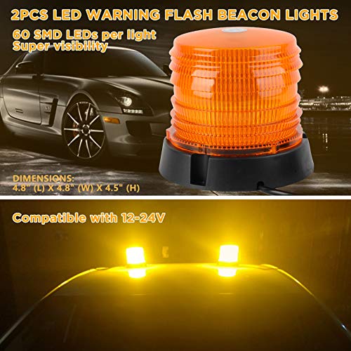 ASPL 2pcs LED Warning Flash Beacon Lights, 60 LED Amber Warning Safety Flashing Strobe Lights with Magnetic and 16 ft Straight Cord for Vehicle Truck Tractor Golf Carts UTV Car Bus,12V-24V - size: 2PCS