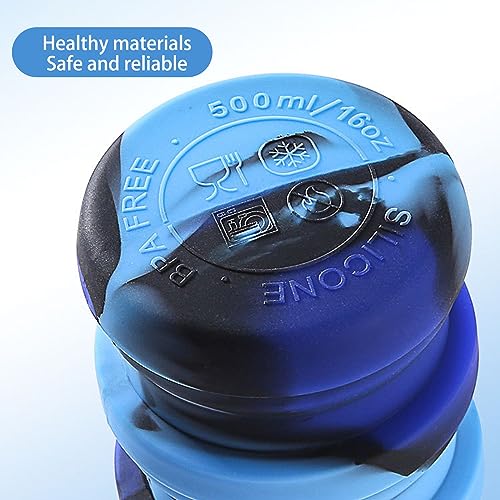 Collapsible Water Bottles Travel water bottle Sports Portable Sport Water Bottle Reusable Water Bottles comes with mountaineering Buckle 500ml silicone Water-proof camping water bottle - color: Blue+Blue, style: 2 pack
