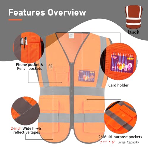 High Visibility Safety Vest with Pockets and Zipper, 1 Pack 5 Pack - color: Orange-mesh, size: Medium