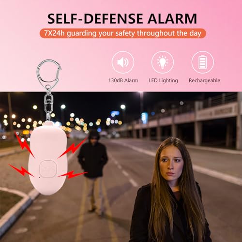 Rechargeable Personal Alarm, 130dB SOS Safety Alarm,LED Light, Security Siren Keychain for Women and Elderly,Security Siren Keychain ,Self Defense Alarm (Pink) - color: Pink