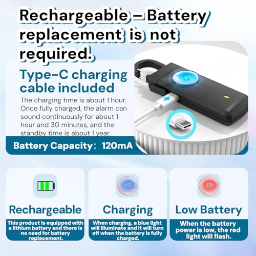 130dB Rechargeable Personal Alarm with Strobe Light & Low Battery Indicator - color: Black