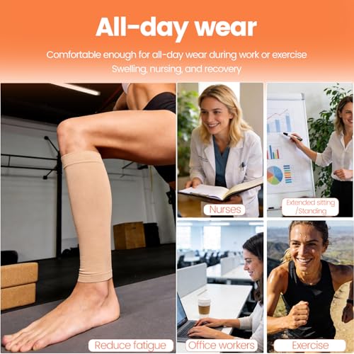 BSERA Calf Compression Sleeve Women, 2 Pairs 20-30mmHg Footless Compression Socks for Swelling Shin Splints Varicose Veins - color: Beige, size: Large