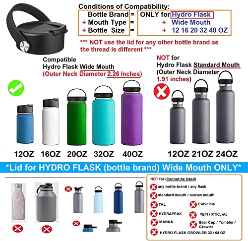 FLORAPELL Lid Compatible with Hydro Flask 12 16 18 20 32 40 OZ Wide Mouth, Flip Lid Replacement Lids with Flex Strap Handle, Leak-Proof Flask Cap for Hydro Flask Coffee Mug - color: No.1 Black