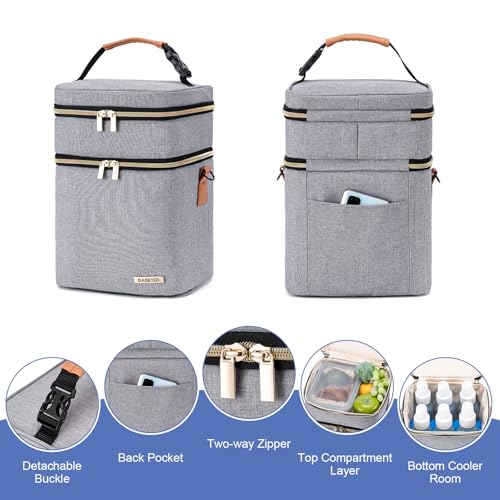 Breastmilk Cooler Bag with Ice Pack Fits 6 Baby Bottles Up to 9 Ounce, Double Deck Leak-Proof Baby Bottles Bag with Shoulder Strap for Nursing & Working Mom, - color: Grey