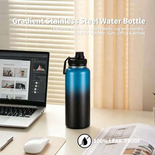 22 Oz Insulated Water Bottle with Handle, 304 Stainless Steel Sports Water Bottle, Wide Mouth Travel Bottle, Blue & Black