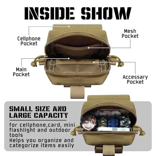 Molle Phone Pouch, 2 Piece 1000D Laser-Cut Tactical Small Molle Admin Pouch, Hook & Loop Heavy Duty Belt Molle Pouches for Belt Backpack Vest - color: 1 Piece Tan