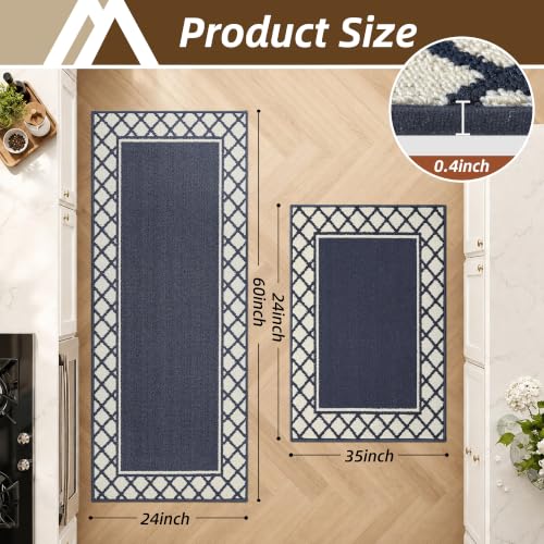 COSY HOMEER Washable Kitchen Rugs Sets of 2 Non-Slip Kitchen Mats,Navy - color: Navy Blue, size: 24"x35" + 24"x60"