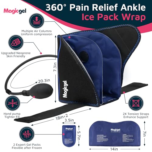 Magic Gel Compression Ankle Ice Pack Wrap – Ice Pack for Ankle Sprain, Swelling, Heel Pain & Achilles Tendonitis – Cold Therapy Wrap for Ankle, Heel & Foot with Air Pump Compression, 2 Extra Gel Packs