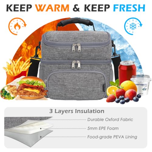 FlowFly Double Layer Cooler Insulated Lunch Bag Adult Lunch Box Large Tote Bag for Men, Women, With Adjustable Strap,Front Pocket and Dual Large Mesh Side Pockets - color: Gray