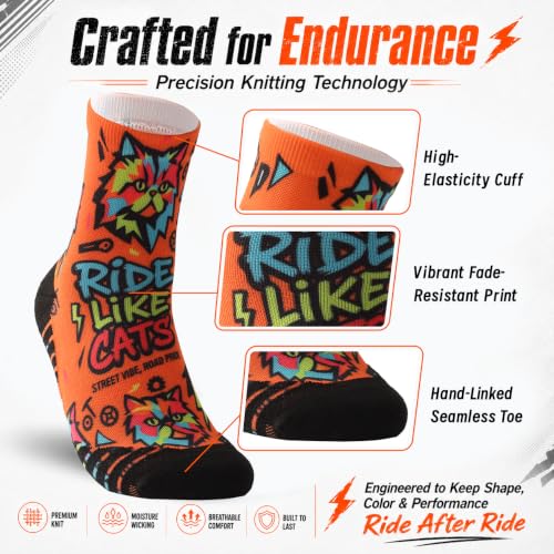 NIcool Cycling Socks For Men, 1/3 Pairs Bright Seamless Compression Running Crew Socks Youth Cushioned Tennis Quarter Socks - color: 1 Pair Bright Orange/Cat Print