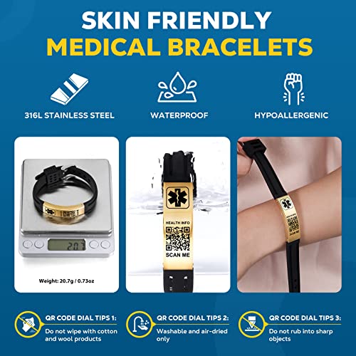 Medical Bracelets for Men Women with QR Code Medical Alert ID Bracelets - color: Champagne Gold Black