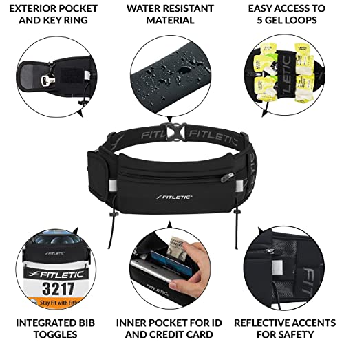 Fitletic - Ultimate II Running Pouch with Gels, Runners Pouch, Running Waist Belt with Gel Loops, Exterior Pocket, Inner Pocket, and Integrated Bib Toggles, Running Accessories - color: Black