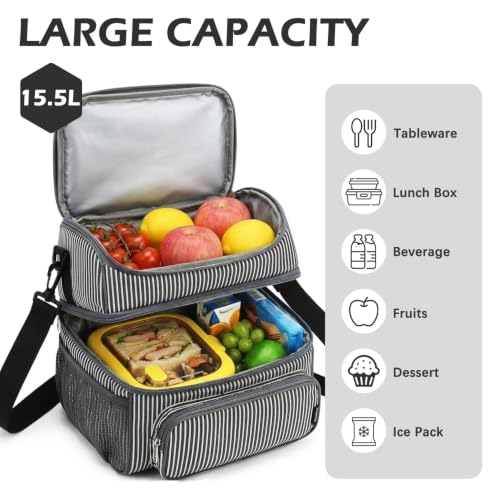FlowFly Double Layer Cooler Insulated Lunch Bag Adult Lunch Box Large Tote Bag for Men, Women, With Adjustable Strap,Front Pocket and Dual Large Mesh Side Pockets - color: White&Black Stripes
