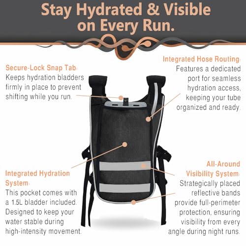 Running Hydration Vest with POV Camera Phone Pocket — Includes 1.5L Water Bladder — Zero-Bounce Stability, Adjustable Straps — Lightweight Reflective Hiking Backpack for Women & Men - color: BLACK
