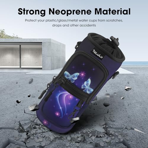 ToLuLu 25/32/40oz Water Bottle Carrier Bag Pocket,Insulated Neoprene Adjustable Shoulder Strap Water Bottle Pouch Case, Crossbody Water Bottle Holder Sling Sleeve for Men Women Adults - color: Purple Butterfly, size: 25 OZ