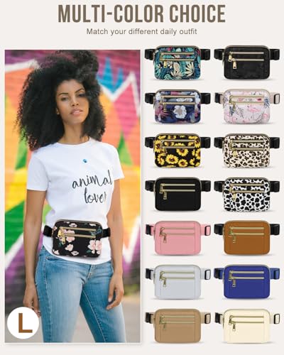 Capolo Fanny Packs for Women 4 Zip Pocket Crossbody Belt Bag Waist Bags - color: Black Flower, size: Large