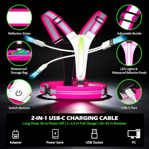 LED Reflective Vest Running Gear Set,USB Rechargeable Light Up Running Vest for Runners Night Walking with Waterproof Phone Bag,High Visibility Armband,Adjustable Waist&Shoulder for Men Women - color: Pink