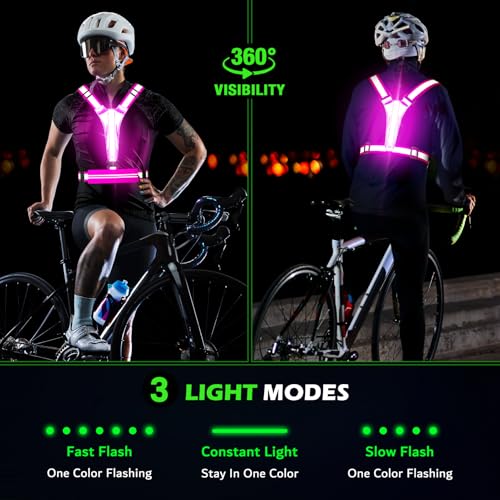 LED Reflective Vest Running Gear, USB Rechargeable Light Up Running Vest Chest Phone Holder for Runners Night Walking - color: Pink