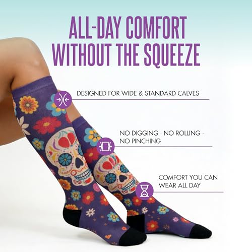 Crazy Compression Over-the-Calf Socks with Fun Designs - color: Calavera Purple, size: Small-Medium