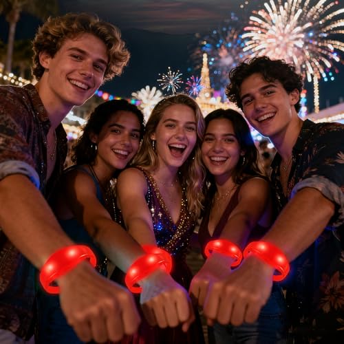12 Pcs LED Glow Bracelets Sound Activated Flashing Light Up Bracelet for New Years Eve Glow in the Dark Party Supplies Christmas Party Favors Birthday Gift Carnival Concerts Night Events - color: Red