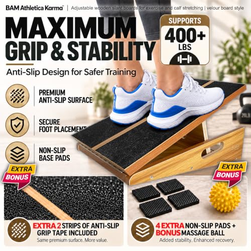 BAM Athletica Slant Boards for Exercise – Adjustable Wooden Calf Stretcher Incline Board for Calf Stretching, Squats, Physical Therapy, Plantar Fasciitis, Knee, Foot & Ankle Rehab, Velour Slant Board - color: Premium Slant Board | Large Full Coverage