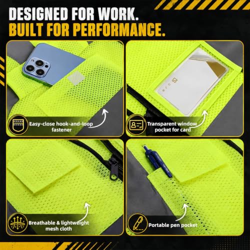 Tlence 10 Pack Reflective Safety Vests with Pockets and Zipper, High Visibility Mesh Security Vest, Construction Vests - size: Large