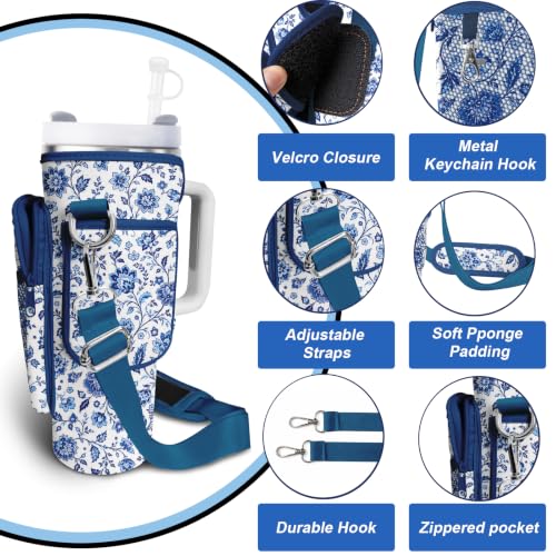 Water Bottle Carrier Bag for Stanley Cup 40/30oz, Neoprene Water Bottle Holder Pouch with 3 Pocket Adjustable Shoulder & Hand Strap - color: Blue Chinoiserie Floral