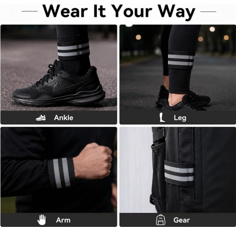 2 Pc Reflective Arm Bands Leg Straps for Running Cycling Night Safety Black