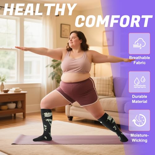 4 Pairs Plus Size Compression Socks,Extra Wide Calf 20-30 mmHg Knee High Compression Socks for Men Women Circulation - color: 05-brown Leaves, size: XX-Large