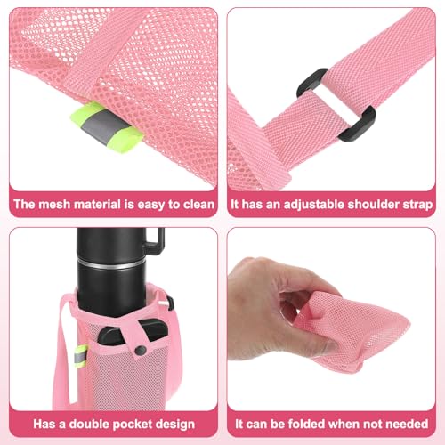 Uxcell Water Bottle Holder With Adjustable Shoulder Strap, Carrier Bag, Mesh Crossbody Carrier With Pocket for Sports, Hiking, Walking, Travel - color: Pink