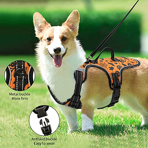 Halloween Skull Pumpkin Dog/Cat Harness, Reflective No-Pull Pet Harness with 2 Leash Clips, Fully Adjustable Soft Padded Dog Vest, No-Choke Pet Oxford Vest - color: Halloween Skull Pumpkin, size: M