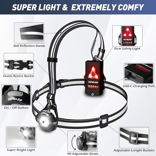 Topward Running Lights for Runners USB-C Rechargeable, Chest Headlamp with 500 Lumen Adjustable Beam, Safety Light for Walking Dog at Night - color: Black