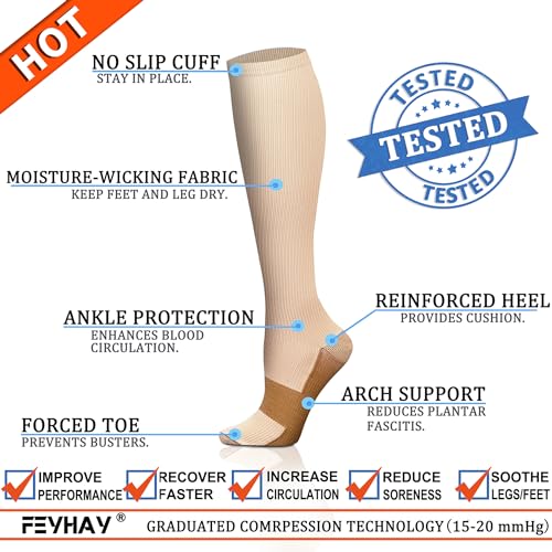 FEYHAY Copper Compression Socks (8 Pairs) 15-20 mmHg Circulation is Best Athletic & Daily for Men & Women, Running, Climbing - color: 02 Black/Beige/White, size: Large-X-Large
