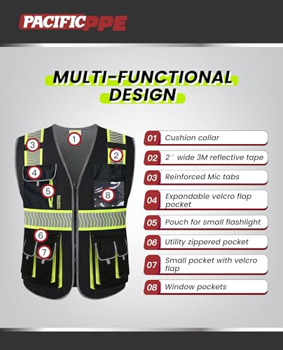 PACIFIC PPE Class 1 Safety Vest, 10 Pockets, 3M Reflective, Black, Medium - size: Medium