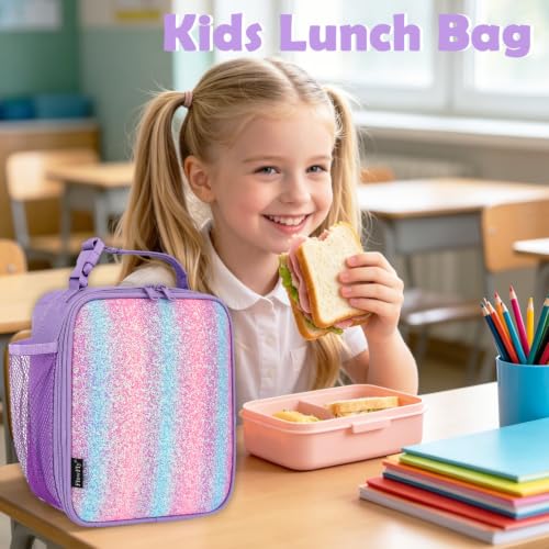 FlowFly Lunch box Insulated Soft Bag Mini Cooler Back to School Thermal Meal Tote Kit for Girls, Boys,Purple#Glitter - color: Purple#Glitter