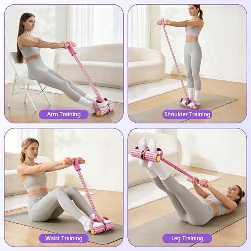 Pedal Resistance Band with Handle, 6-Tube Natural Rubber Exercise Bands - color: Pink