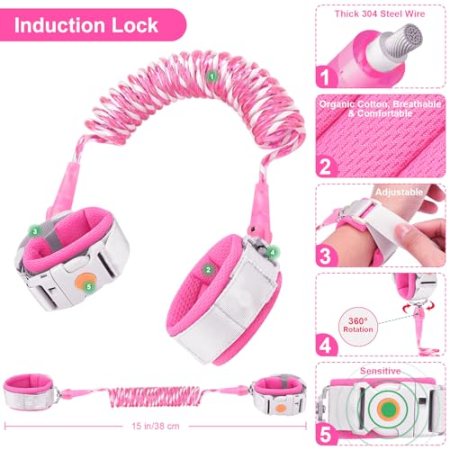 Accmor Anti Lost Wrist Link with Induction Lock, Upgraded Toddler Leash, Reflective Kids Wrist Leash for Baby, Child Walking Wristband Leashes with Magnetic Unlock Design for Girls, Rose (6.5ft) - color: Rose Pink