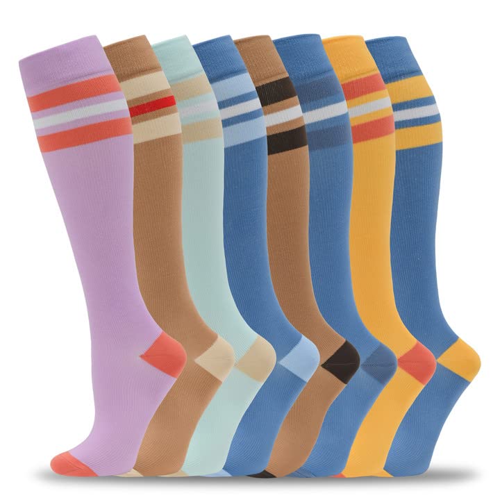 fenglaoda 8 Pairs Compression Socks for Men & Women 20-30 mmHg Knee High Nurse Pregnant Running Medical and Travel Athletic - color: 10-8 Pairs-2, size: Small-Medium