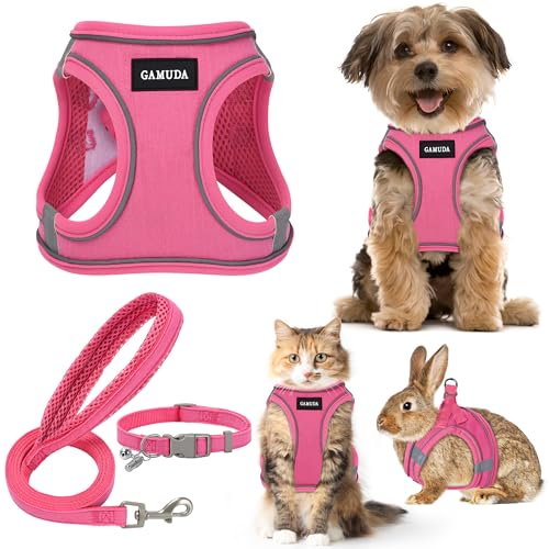 GAMUDA Small Pet Harness Collar and Leash Set, Step in No Chock No Pull Linen Fabric Soft Mesh Dog Vest Harnesses Reflective for Dogs Puppy Cats Kitten Rabbit (Pink, M) - color: Pink, size: Medium