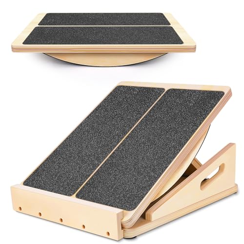 2-in-1 Professional Wooden Balance Board & Slant Board, Four Adjustable Incline Board and Calf Stretcher, Stretch Board for Knees Ankle Heel Feet Leg