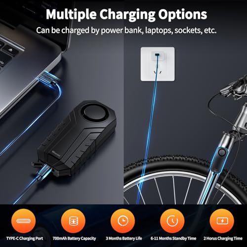 WSDCAM Wireless Bike Alarm with Remote, Rechargeable 113dB Loud Bicycle Alarm System Anti Theft, IP65 Waterproof, Bike Alarms for E-Bikes, Motorcycles, Scooter, Outdoor Riding and Cycling Safety - size: Lithium Rechargeable