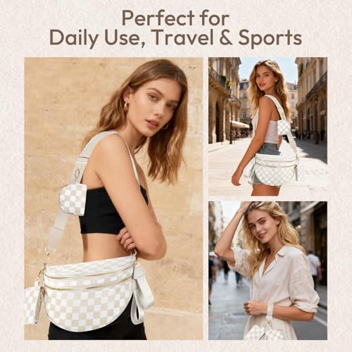 Cross Body Bag for Women Bum Bag Checkered Belt Bags Fanny Packs for Girls Travel Purse Fashion Waist Packs Crossbody Nylon Purse Trendy Shoulder Bags for Womens - color: Checkered Beige