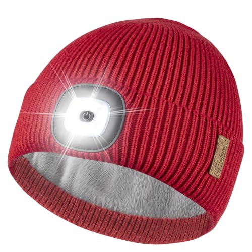 Etsfmoa Beanie with The Light,Fleece Lined Beanie Warm Hat,Gifts for Men - color: Red