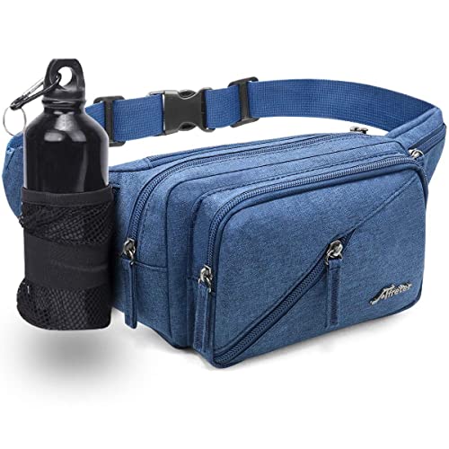Fanny Pack for Men&Women with Shrinkable Bottle Cages,Waist Pack Bag Hip Bum Bag with Adjustable Strap for Outdoors Workout Traveling Casual Running Hiking Cycling Fishing (Navy-Blue-1)