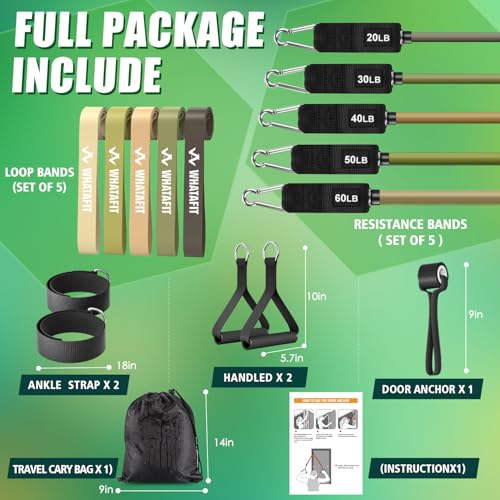 WHATAFIT Resistance Bands with Handles, 150 lb Exercise Bands Set - color: Green 16PCS