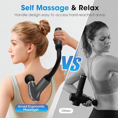 Massage Gun with Upgraded Extension Handle, Back Massager for Pain Relief Deep Tissue, 12MM Percussion Less-Shock Neck/Foot/Leg/Shoulder Massager, 9 Speed Levels & 5 Replaceable Heads (Space Silver) - color: Space Silver