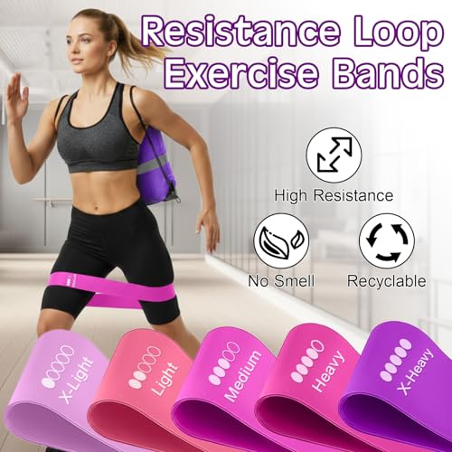 Sratte 120 Pcs Workout Loop Resistance Bands Bulk, Gym Elastic Bands Set for Fitness Sport Class Students Members Gift Physical, 5 Pieces Each Set, with Large Drawstring Backpack Bags - color: Pink